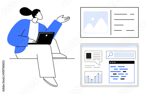 Person holding laptop, gesturing beside content cards with graphs, text, and images. Ideal for technology, education, productivity, communication, analytics content creation simple landing page