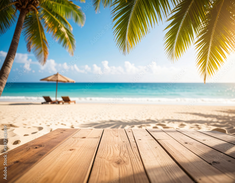 Fototapeta premium Tropical beach with palm trees, sun loungers, and turquoise sea under a clear blue sky.