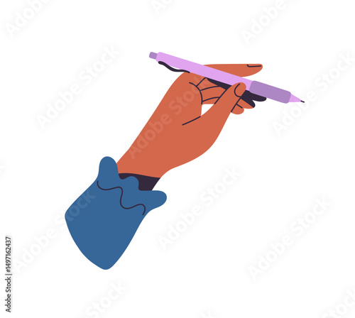 Human hand with pen. Black woman holds mechanical pencil for drawing. Palm with writing tool to take notes. Office supplies, stationery. Flat isolated vector illustration on white background