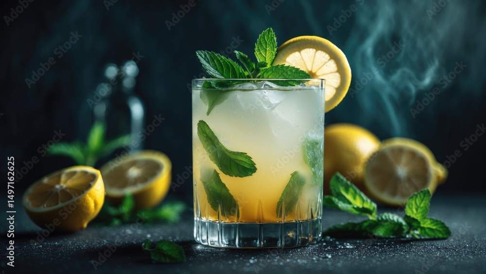 Fototapeta premium A refreshing drink with lemon, mint, and ice in a glass, surrounded by lemon halves and fresh mint leaves.