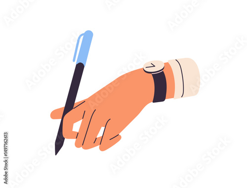 Human hand with wristwatches writing, signing with pen. Arm with watches holds mechanical pencil, takes notes. Office supplies, stationery. Flat isolated vector illustration on white background
