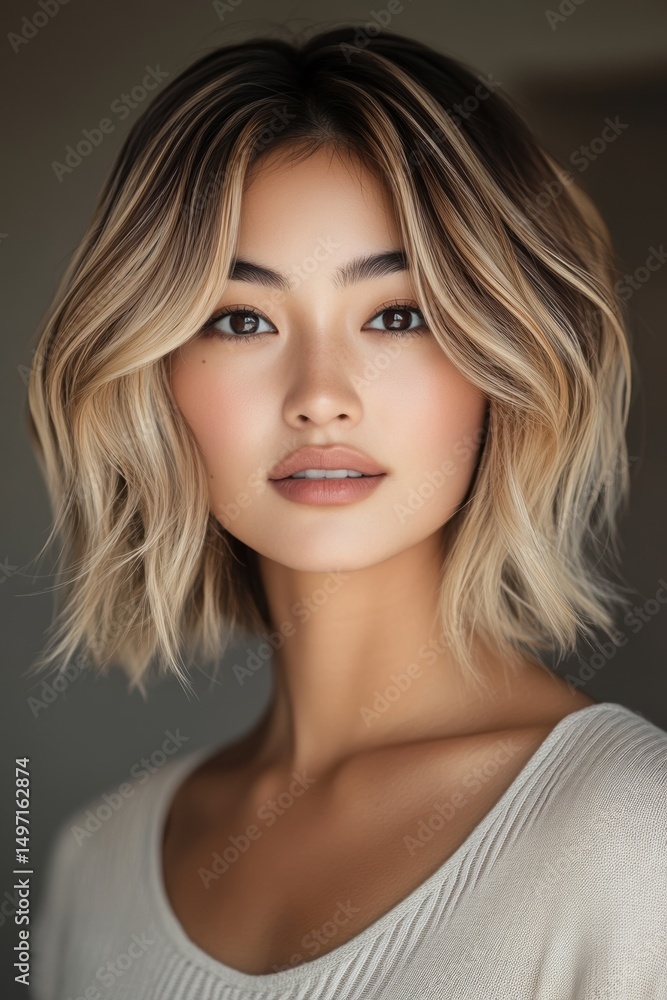 Naklejka premium Beautiful young woman with stylish wavy hair posing indoors in soft lighting during a relaxed moment