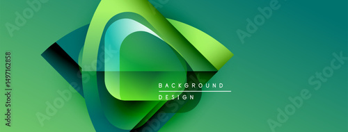 Abstract green design features curved shapes, gradients. Text reads background design. Modern, dynamic visual composition.