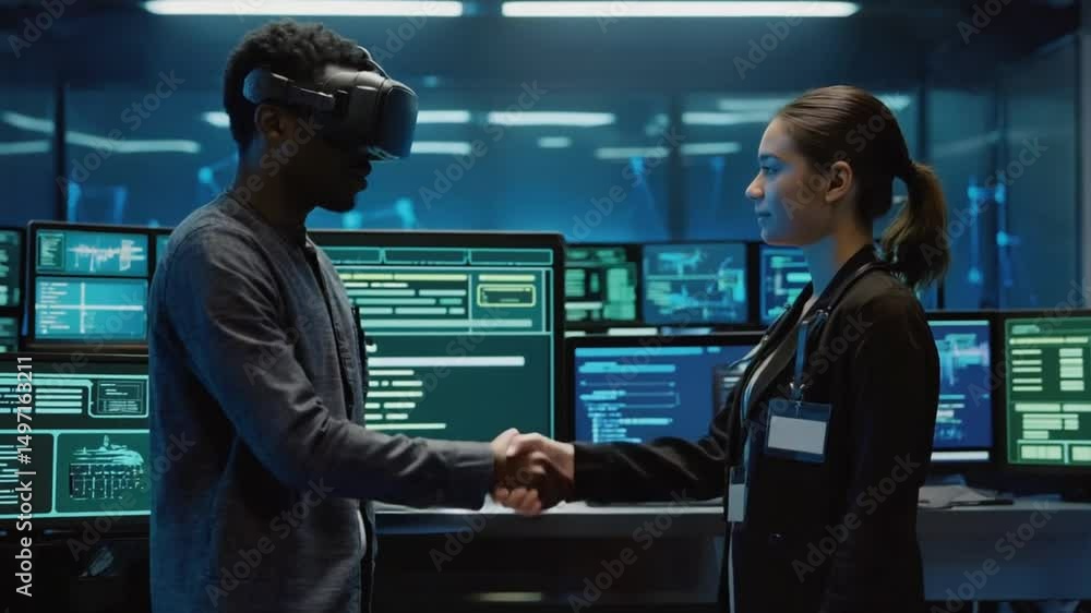 Man Wearing VR Headset Handshaking in Futuristic Tech Environment Man Wearing VR Headset Handshaking in Futuristic Tech Environment