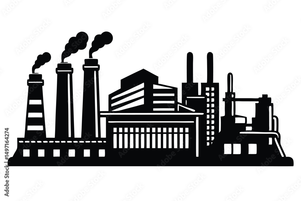 Obraz premium An urban skyline illustration featuring a black silhouette of an industrial factory building, symbolizing power and manufacturing