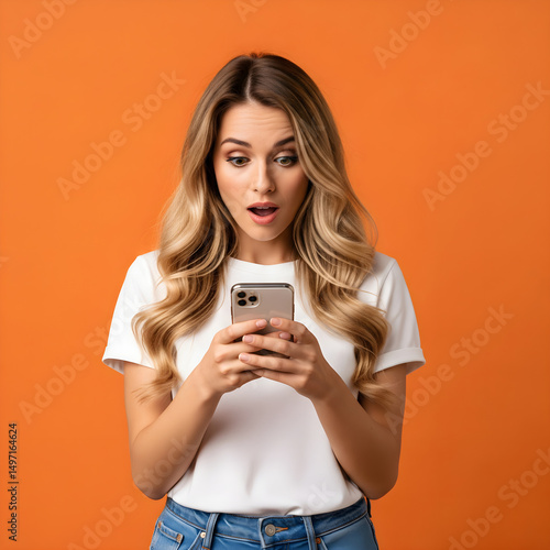 Surprised Young Woman Using Smartphone with Excited Expression Standing Against Orange Background – Shocked Female Reacting to Unexpected News or Social Media Notification on Mobile Phone