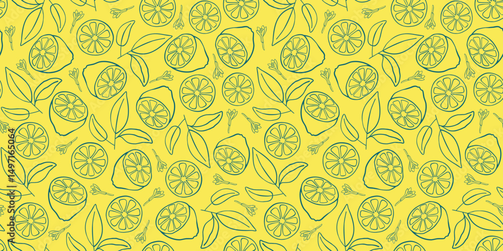 Fototapeta premium Pattern with lemons and leaves. Trendy hand drawn graphic. Background of mediterranean eat. Vector illustration.