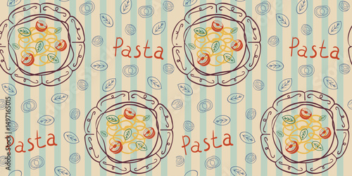 Pattern with pasta, basil, tomato. Trendy hand drawn graphic. Background of mediterranean eat. Vector illustration.