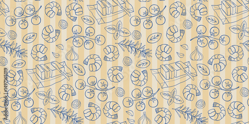 Pattern with shrimp, basil, tomato, garlic, butter. Trendy hand drawn graphic. Background of mediterranean eat. Vector illustration.