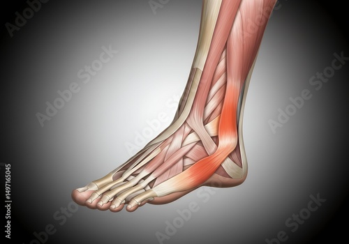 Anatomy of the human foot and ankle with highlighted muscles