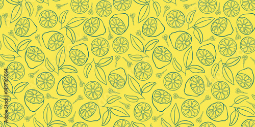 Pattern with lemons and leaves. Trendy hand drawn graphic. Background of mediterranean eat. Vector illustration.