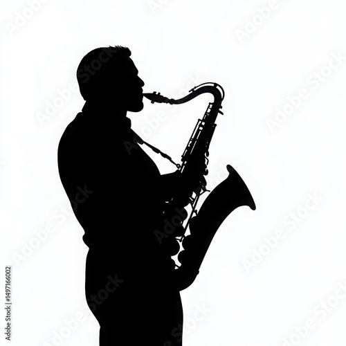 Silhouette of a saxophone player performing passionately under a bright light