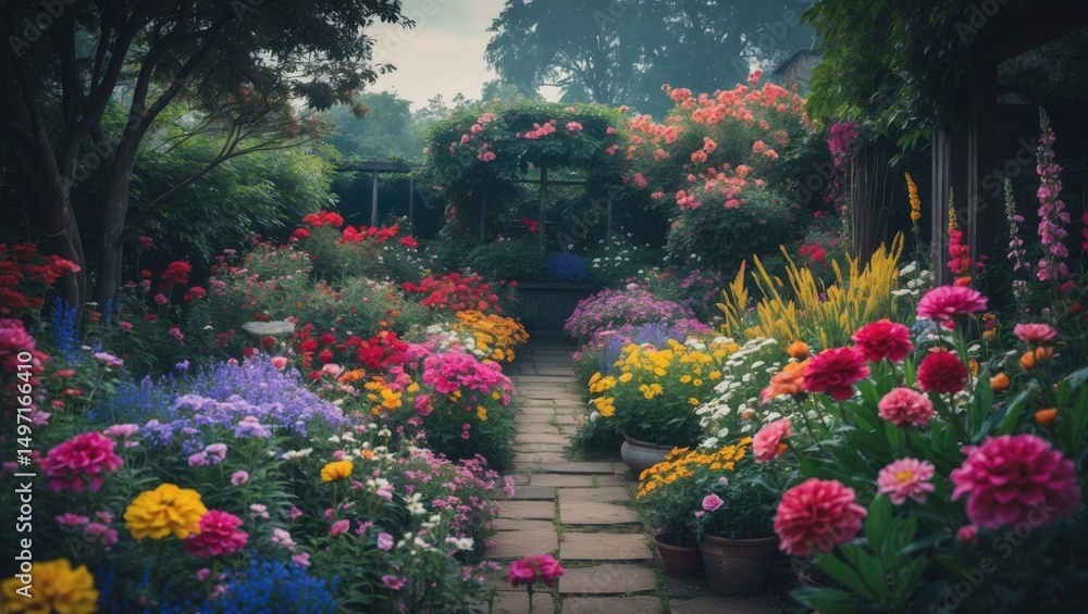Fototapeta premium Colorful garden path with vibrant flowers, lush greenery, and shaded trees. Nature and garden landscape, peaceful outdoor setting. The scene of a thriving garden environment.