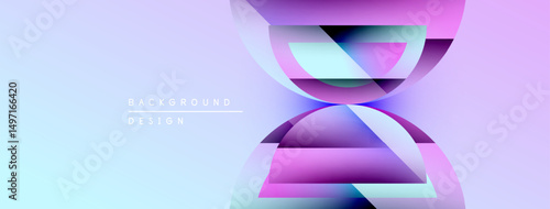 Abstract design features layered shapes, gradient colors. Light blue background complements purple, pink hues. Modern aesthetic.