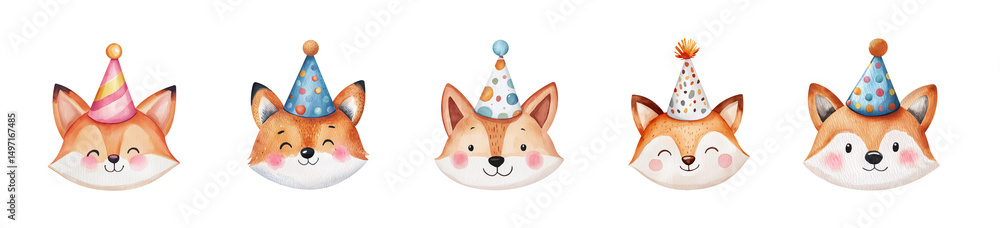 Obraz premium Head of happy fox in party hat. Children's watercolor illustration set of stylized animal for design greeting card. Isolated clipart with clear even edge on transparent background