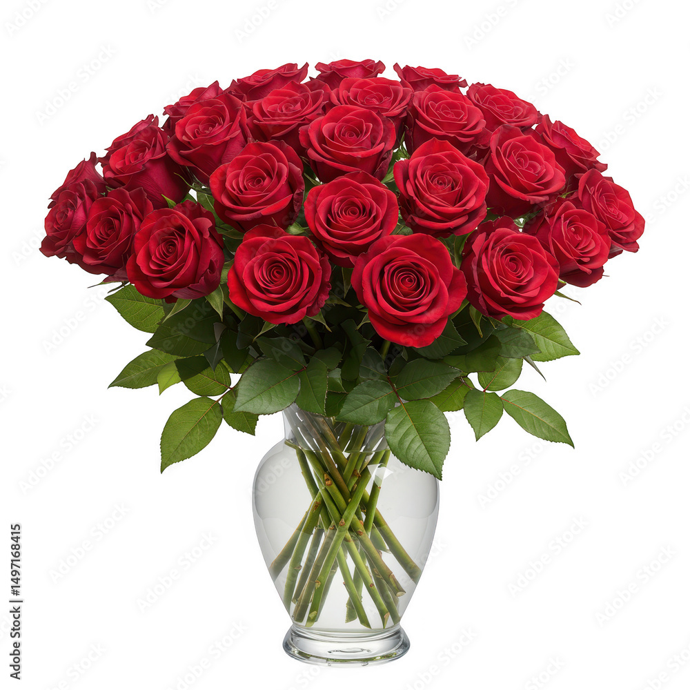 Romantic red roses bouquet in glass vase isolated on transparent background Romantic red roses bouquet in glass vase isolated on transparent background