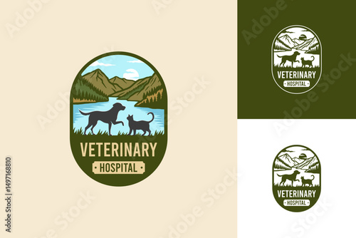 A vintage emblem logo illustration for a veterinary hospital, featuring a dog and cat with a mountain backdrop, river, and sunset.