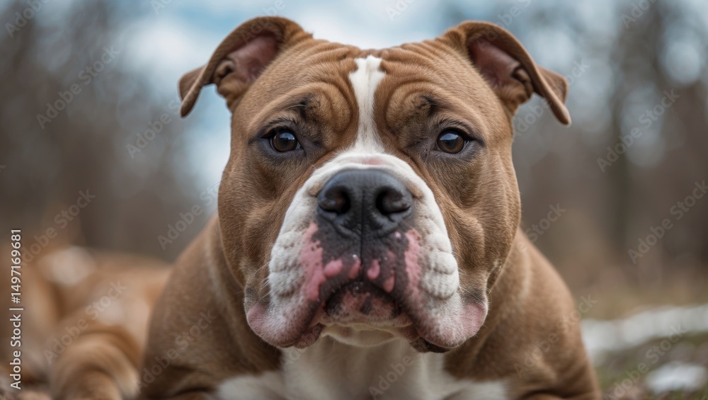 Close-up of a brown and white dog with a wrinkled face and expressive eyes outdoors. Close-up of a brown and white dog with a wrinkled face and expressive eyes outdoors.