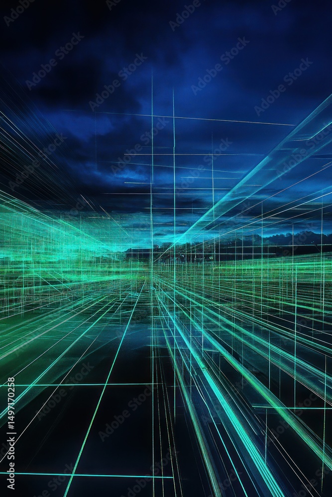 Abstract glowing green lines digital city at night