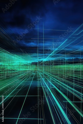 Obraz na płótnie Abstract glowing green lines digital city at night w salonie