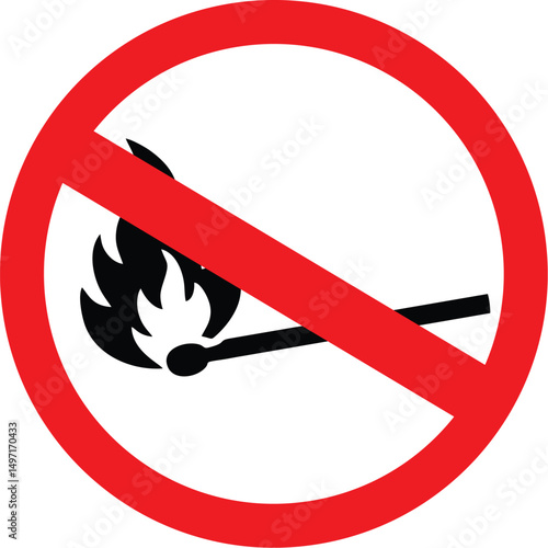 No open flames allowed sign with red circle and diagonal line over black match icon