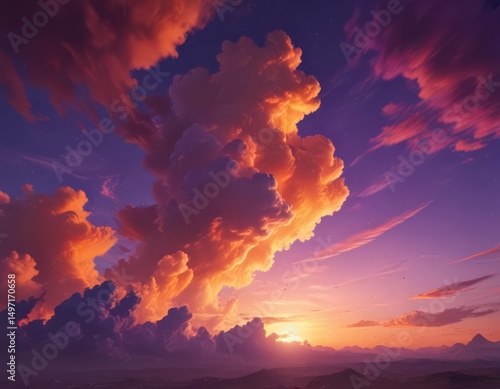 Fiery orange and purple clouds blaze across a vibrant, textured sky , picture, warm, fiery