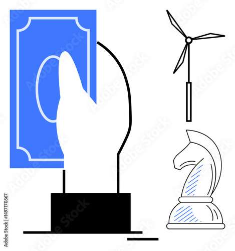Hand grasping a note, chess knight, and wind turbine representing investment, strategic planning, sustainability, clean energy, economic growth, renewable resources innovation. Flat simple metaphor