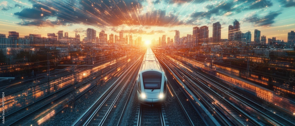 High speed train through digital city at sunset