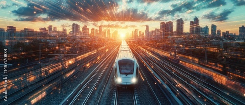 Obraz na płótnie High speed train through digital city at sunset w salonie