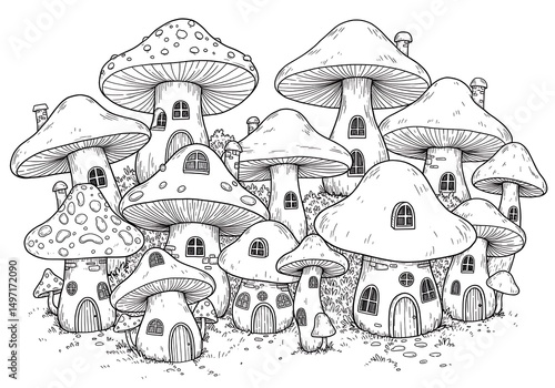 Mushroom houses coloring page for adults and kids, fantasy village, whimsical, monochrome, line art in black and white for adult coloring book. can use for print , coloring and card design