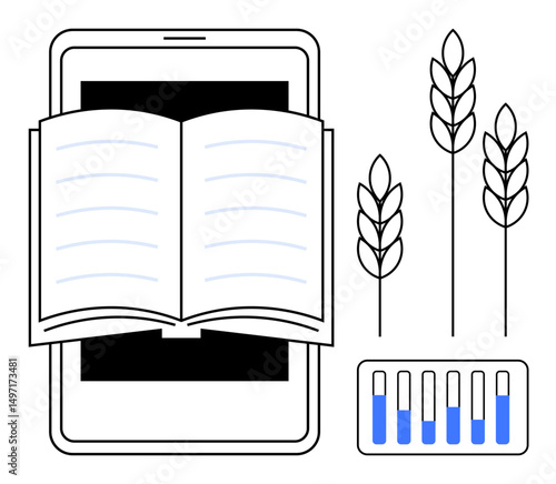 Open book over smartphone, wheat stalks, and data bars. Ideal for education, e-learning, agriculture, sustainability, innovation, technology and simple landing page