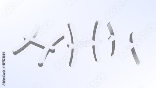 Dotwork pattern zodiac symbol. Black noise stipple dots pisces sign. Sand grain effect. Black dots grunge. 3d symbol from different angles. Grainy gradient noise dotwork pattern.
