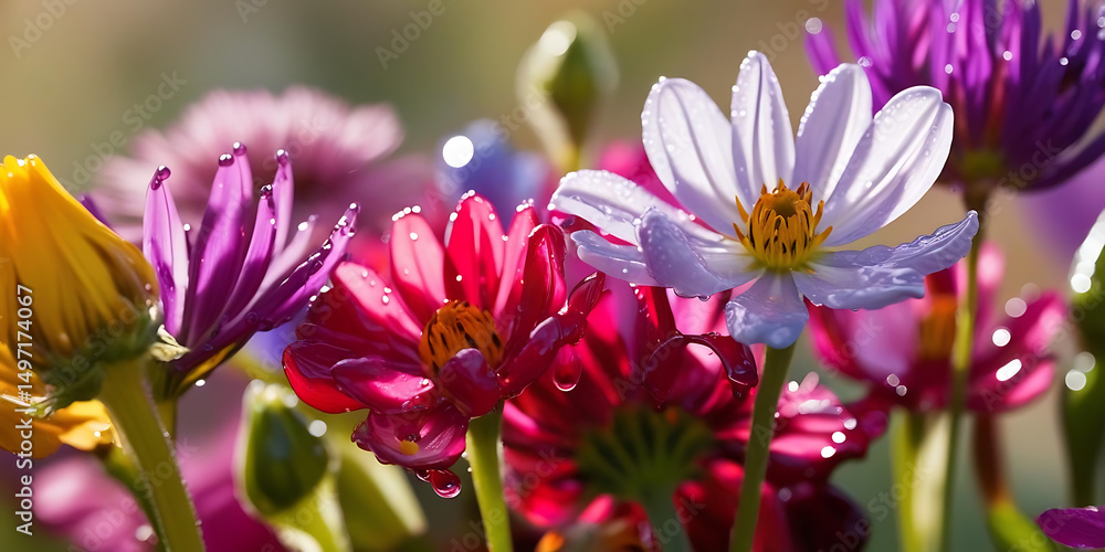 Fototapeta premium Vibrant Bouquet of Purple, Pink, and Yellow Flowers with Dew