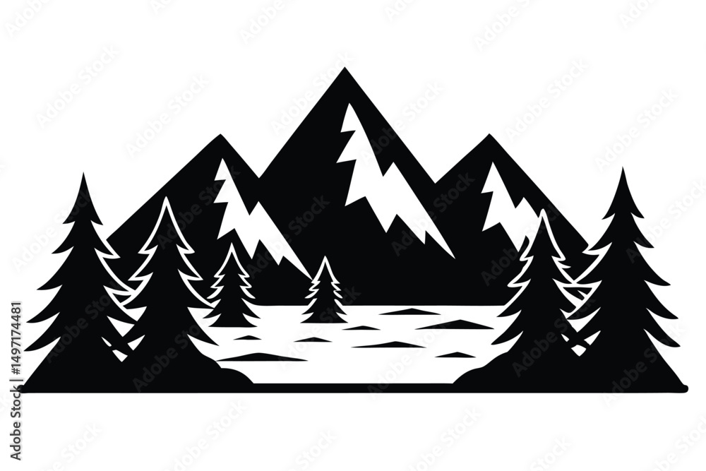 Obraz premium Winter holiday landscape vector illustration with a snow-covered forest, pine trees, and distant mountains under a festive sky