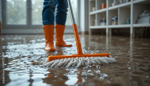 Person cleaning water flooded indoor floor with orange mop during home flood