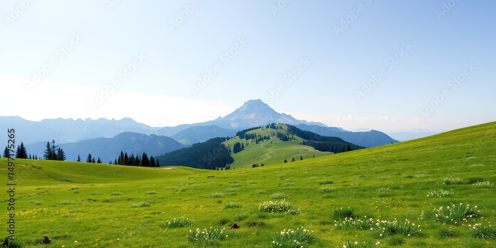 Fototapeta premium Majestic Karawanks Peaks Towering Over Maerchenwiese's Verdant Meadow