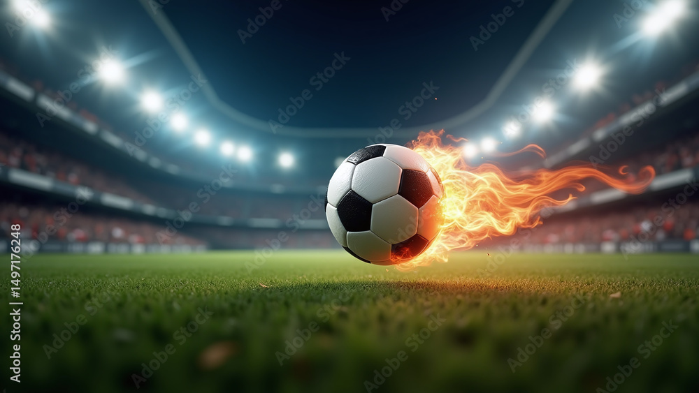 Naklejka premium A soccer ball is engulfed in flames on a stadium field, creating a dramatic and intense visual effect.