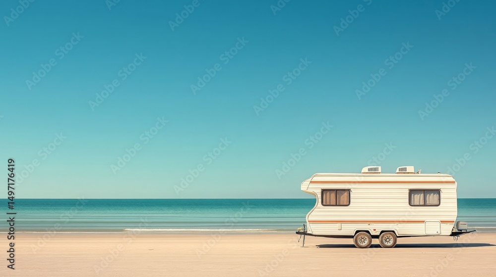 Fototapeta premium White Camper Van on Sandy Beach with Ocean View