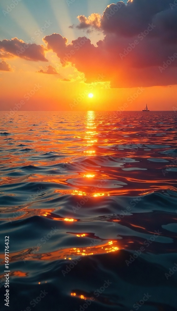 Obraz premium A majestic view of a calm sea at sunset, the sun dipping below the horizon, reflecting golden hues on the water Perfect for travel, serenity, and inspirational themes , sunset, vibrant, twilight