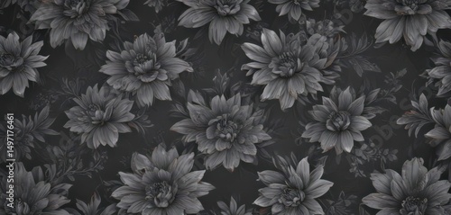 Dark grey abstract floral wallpaper, seamless repeating pattern, grey, modern