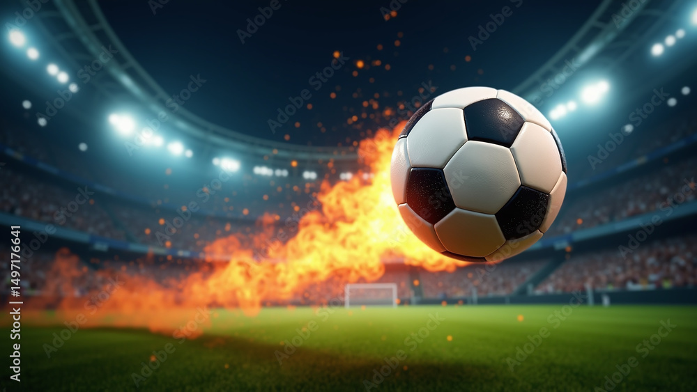 Naklejka premium A soccer ball is engulfed in flames on a stadium field, creating a dramatic and intense visual effect.