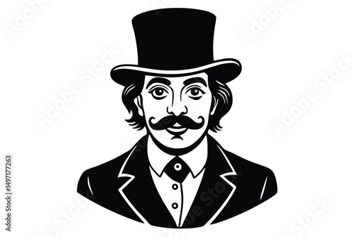Elegant old cartoon businessman with a black top hat, mustache, and suit, like a fun monopoly character or detective