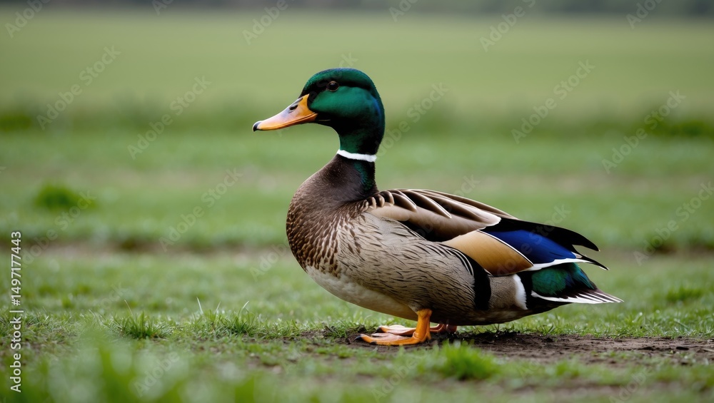 A duck standing on grass in a natural setting. A duck standing on grass in a natural setting.
