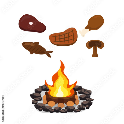 Grill BBQ on a fork icon set. Mushroom, chicken, steak and fish Camping bonfire, burning woodpile and round of stones vector illustration design isolated