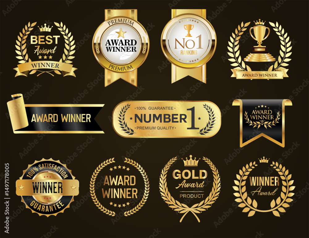 Fototapeta premium award winner and top rated golden badge and emblem collection stock illustration 
