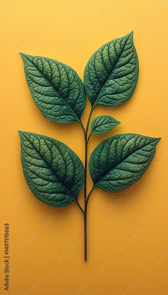Obraz premium Single Sprig of Vibrant Green Leaves, Isolated on Solid Yellow Background, Minimalist Design.