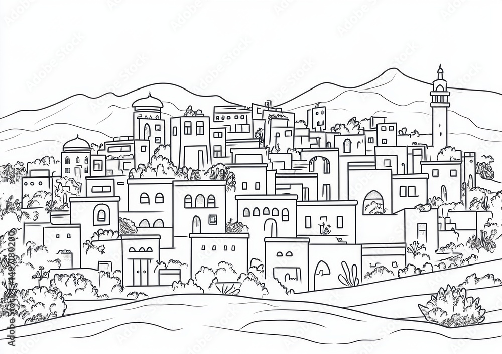 Schwarz-Weiß-Illustration einer mediterranen Stadtlandschaft Schwarz-Weiß-Illustration einer mediterranen Stadtlandschaft