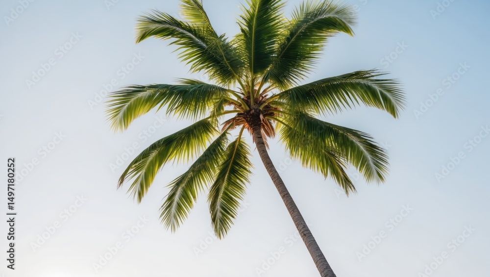 Fototapeta premium A palm tree with green leaves against a clear sky.