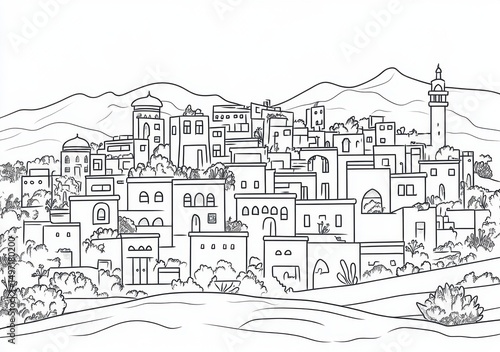 Wallpaper Mural Schwarz-Weiß-Illustration einer mediterranen Stadtlandschaft Torontodigital.ca