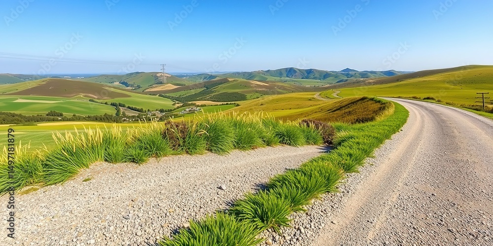 Naklejka premium Rolling Hills and Overgrown Gravel Road